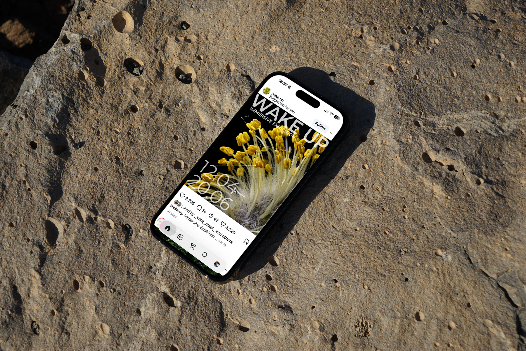 Wake Up mobile AR interface mockup on an iPhone.